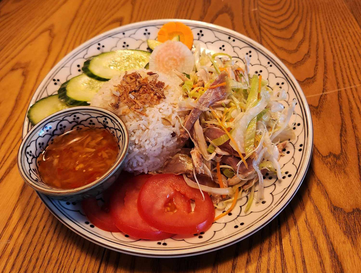 Rice, salad and dipping sauce at Saigon Sister
